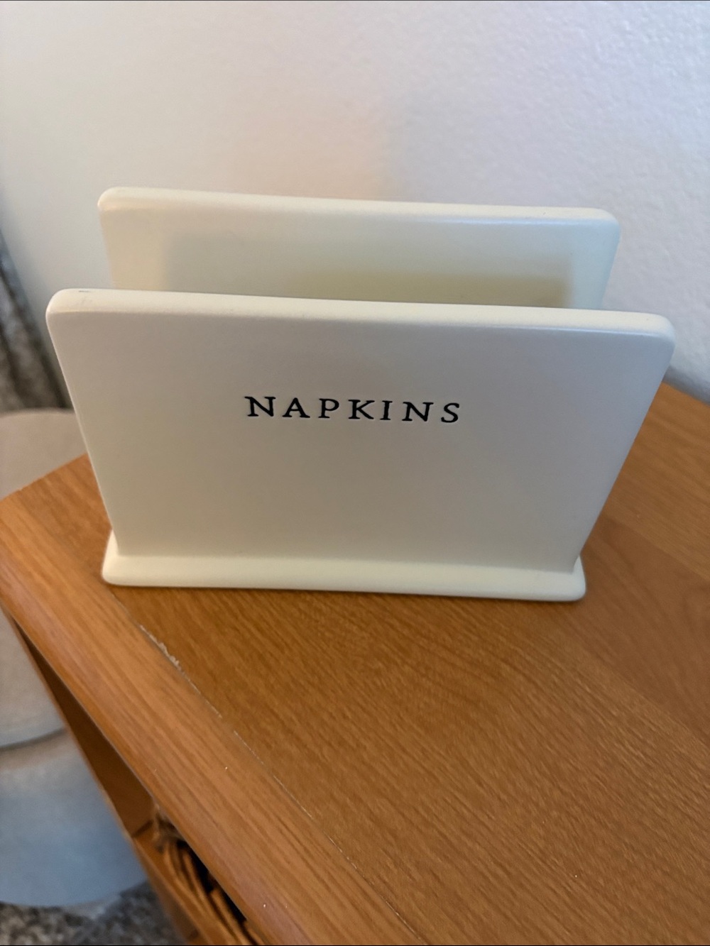 White Ceramic Napkin Holder with Black Lettering Hearth and Hand